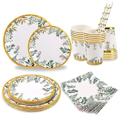 Immagine di CEILIWEN set di stoviglie per feste, 125 pezzi, compleanno, usa e getta, colore verde, con piatti carta, bicchieri tovaglioli cannucce, adatte 25 ospiti