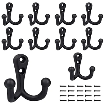 Immagine di BIGLUFU Ganci Appendiabiti Doppi in Metallo 10 Pezzi, da Parete, Nero Parete con 20 Viti per Cappelli Asciugamani Vestiti