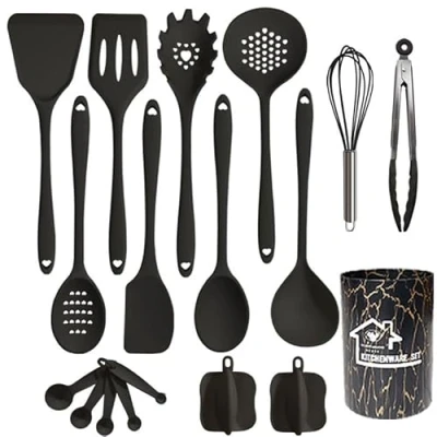 Immagine di UXIYI set di utensili da cucina in silicone, 18pcs, incluso Turner Spatola Tong Spoon Gadget resistenti al calore antiaderenti,Nero