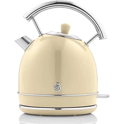Immagine di Swan Retro Bollitore Elettrico 1,8 Litri, Design Vintage, Spegnimento Automatico Controllore Strix, senza Fili, Acciaio Inossidabile, BPA, 3000 W, Crema