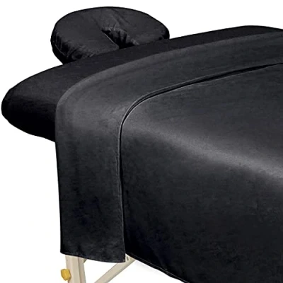 Immagine di ForPro Set di 3 lenzuola da massaggio in microfibra alta qualità, per lettini massaggio, include lenzuolo piatto, con angoli e copertura il viso, nero