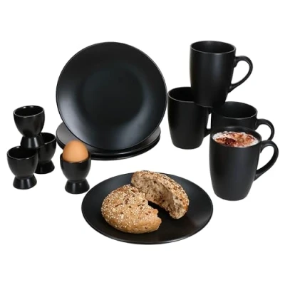 Immagine di MamboCat Nero Set da 12 pezzi, nero, 4 piatti piccoli opachi, 250 ml e portauovo per persone, tazza, piatto torta, stoviglie in gres porcellanato colazione caffè