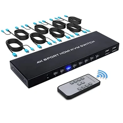 Immagine di TCNEWCL 4K HDMI KVM Switch 8 Porte, USB Commutatore, per PC Condividere 1 HD Monitor e Mouse, Tastiera, Stampante, Scanner con Telecomando Cavi 2 in Dotazione