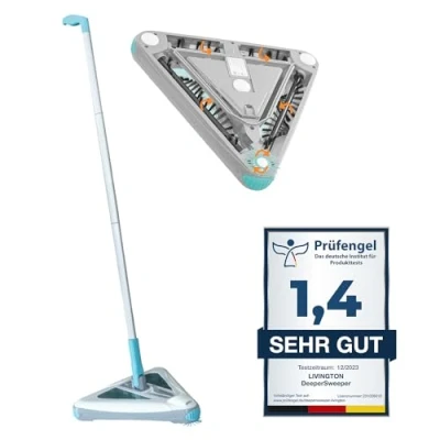 Immagine di Livington Deeper Sweeper Pulitore per pavimenti a batteria senza fili con 4 spazzole rotanti, design triangolare, scopa elettrica luce LED, sacchetto, testa girevole flessibile,
