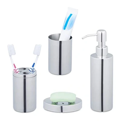 Immagine di Relaxdays Bagno Completo, 4 Accessori, Kit WC Acciaio Inox Lucido, Portaspazzolino, Sapone e Saponetta, Argento, Set da 1 pz