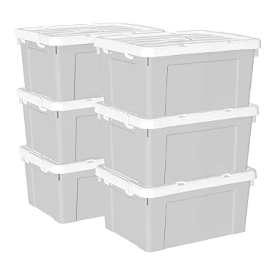 Immagine di Cetomo Scatola portaoggetti in plastica 35L* 6, contenitore per l&#039;organizzazione con coperchio durevole e fibbie di chiusura sicure, impilabile annidabile, confezione da grigio fibbia