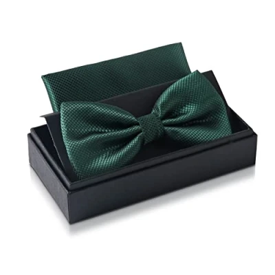 Immagine di Papillon verde scuro con fazzoletto per uomo Set da matrimonio regolabile in