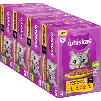 Immagine di Whiskas 1 cibo per gatti, pollame a scelta in salsa, 12 x 85 g (4 confezioni) Alimento umido di alta qualità gatti adulti 48 sacchetti