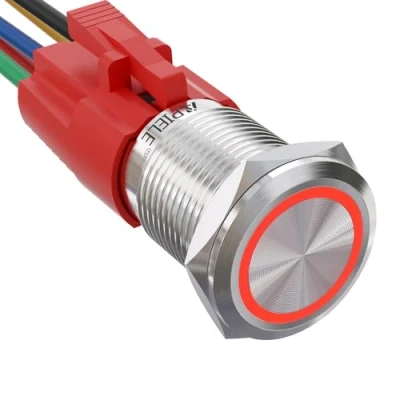 Immagine di APIELE 16MM Latching Metallo Interruttore a pulsante,interruttore autobloccante pulsante 12VDC 5A，Alloggiamento in alluminio con LED impermeabile spina pre cablata(rosso)