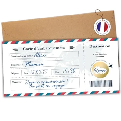 Immagine di Gratta e vinci da viaggio a sorpresa Carta d&#039;imbarco personalizzata Biglietto aereo annuncio regalo di compleanno In francese Modello bianco