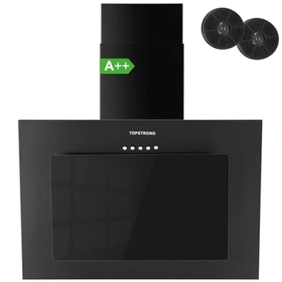 Immagine di TopStrong Cappa aspirante 60 cm, Classe A++ Cucina Inclinata 60cm con Filtro a Carboni, Motore Senza Spazzole, Sistema di Ricircolo e Canalizzazione, 3 livelli, LED, Nero