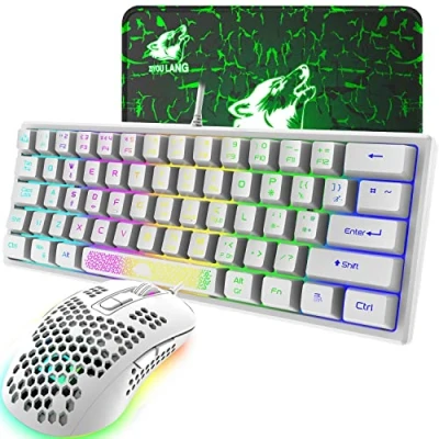 Immagine di Tastiera e mouse da Gioco RGB Layout QWERTY USB Cablato 60% 62 tasti Mini Gaming Keyboard Portatile 7 LED backlit +2400 DPI ultraleggero Guscio a nido d&#039;ape + Tappetino per Bianco