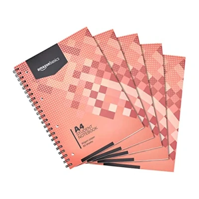 Immagine di Amazon Basics Quaderno con rilegatura a spirale, 80 fogli/160 pagine, formato A4, 90 g/m², 5 unità, confezione da 1, Bianca