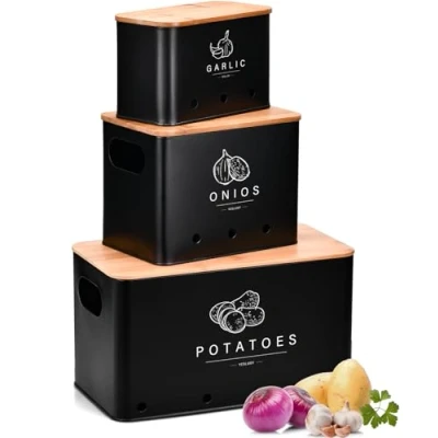 Immagine di YESLUSY Porta Patate Cucina, Set di 3 Contenitore per Patate, Cipolle e Aglio con Coperchio in Bambù Fori Ventilazione, Contenitori Salvaspazio Cucina Design Retrò (Nero)