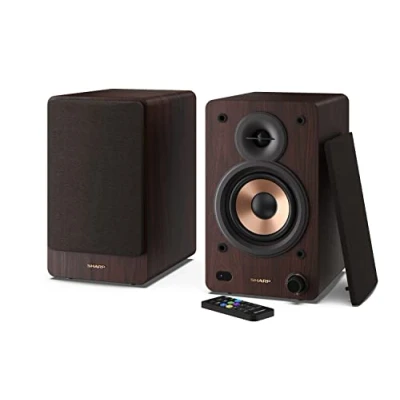 Immagine di Sharp CP SS30(BR) Altoparlanti attivi a 2 vie, custodia in legno da 60w RMS (2x30 W), Bluetooth v5.0, USB, ottico, ausiliario e RCA, regolazione bassi alti, griglie rimovibili, telecomando.