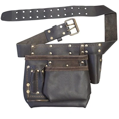Immagine di Spares2go, marsupio per chiodi multi tasca in pelle conciata al petrolio, rinforzata, cintura attrezzi da fai te