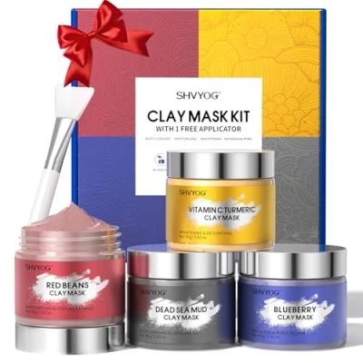 Immagine di 4 Pcs Clay Mask Set, Maschera di Argilla Alla Curcuma e Vitamina C, Fango del Mar Morto, ai Mirtilli Fagioli Rossi, Pulizia Profonda, Affinando Pori, 320g