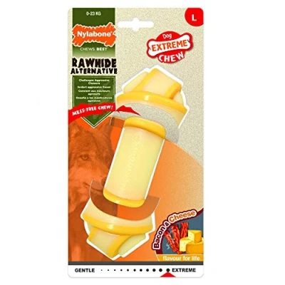 Immagine di Nylabone Osso masticabile con nodo Per cani alternativo alla pelle Knot Bone Dog Chew, Gusto formaggio e bacon, Giocattolo mascelle estreme, Large, fino a 23 kg