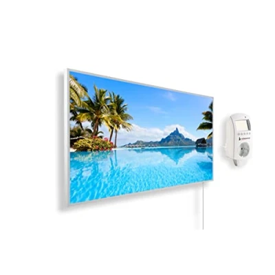 Immagine di Riscaldatore a infrarossi Könighaus 800 Watt + termostato smart e APP una stufetta elettrica basso consumo Cornice bianca (01. Isola di Bora Bora)