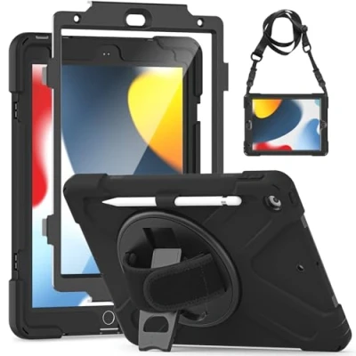 Immagine di Gerutek Custodia Cover per iPad 9/8/7 Generazione 10,2 Pollici (2021/2020/2019), Protettiva Antiurto con Supporto Rotante 360 Gradi e Cinghia a Mano/Spalla 10,2, Nero Grigio