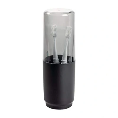 Immagine di iDesign Austin Portaspazzolino Bagno da appoggio, Porta spazzolini con Coperchio in Metallo e plastica, Opaco, Lega di Acciaio, Trasparente/Nero, 7.6 cm Diametro x 22.9
