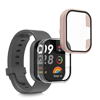 Immagine di kwmobile 2x Custodia Rigida Smartwatch Compatibile con Xiaomi Redmi Mi Watch Lite 3 / Cover Case Vetro Temperato Orologio Fitness trasparente/rosa antico