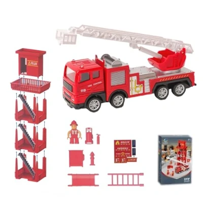 Immagine di AptoFun Set di giocattoli dei vigili del fuoco pressa e vai 1:55. Autopompa (17 * 4,8 7,2 cm), stazione pompieri 2 con attrezzi per bambini dai anni in su.