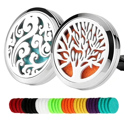 Immagine di 2 pz Auto Aromaterapia Oli Essenziali Diffusore Deodorante 30mm In Acciaio Inox Nero Locket Vent Clip + 32 Ricarica Pads (Tree of Life &amp; Cloud (Argento))