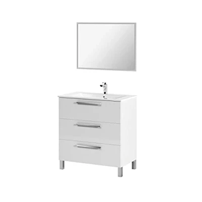 Immagine di Dmora Mobile sottolavabo a Tre Specchio con Cornice, Colore Lucido, cm 80 x 86 45, Bianco, 3 cassetti