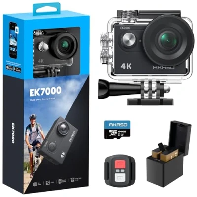 Immagine di AKASO EK7000 Action Cam 4K 30FPS con Scheda di Memoria MicroSDXC da 64GB, WiFi 20MP Fotocamera Subacquea, Videocamera Stabilizzata Caricabatterie 2 Batterie, Angolo 170