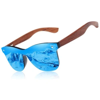 Immagine di KINGSEVEN Occhiali da Sole in Legno per Uomo e Donna I Polarizzati, Unisex, con Aste di Noce Protezione UV400 Lenti a Specchio alla Moda Senza Montatura Blu