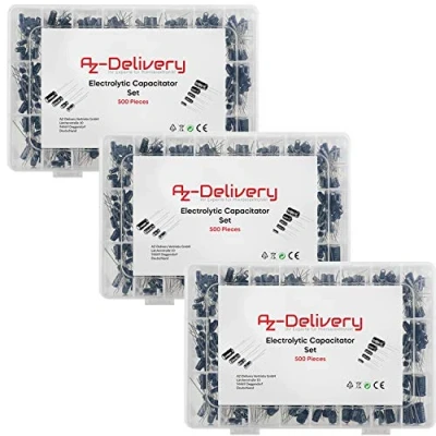 Immagine di AZDelivery 3 x ElKo Assortimento Condensatore Elettrolitico in Alluminio 24 valore 500 pezzi 0,1uF 1000uF con Scatola di Stoccaggio compatibile Arduino incluso un E Book!