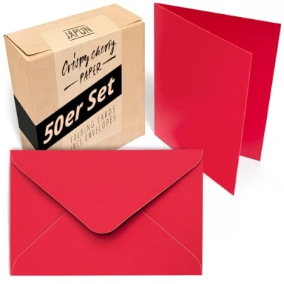 Immagine di Japun Set di 50 biglietti pieghevoli vuoti con buste, da progettare, etichettare o stampare DIN A6 / C6 rosso