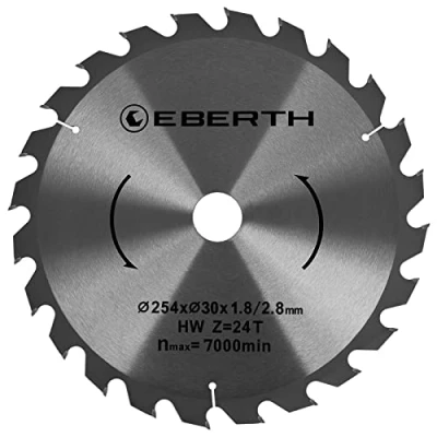 Immagine di EBERTH lama circolare in acciaio con denti metallo duro per il taglio del legno diametro 254mm, alesaggio 30mm, spessore 1,8mm, larghezza di 2,8mm, 24 denti, numero giri massimo 7000