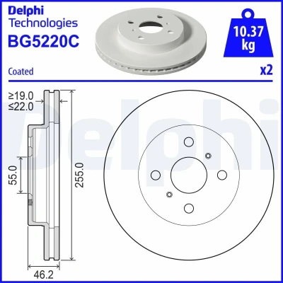 Immagine di DELPHI BG5220C Disco freno 255 22 4 ventilato rivestito non trattato senza cuscinetto ruota, anello sensore ABS TOYOTA: Yaris IV
