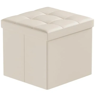 Immagine di BRIAN &amp; DANY Pouf Cubo Poggiapiedi Sgabello Contenitore Cassapanca pieghevole Carico max. 300 kg, Ecopelle, Beige, 38 cm x 38cm