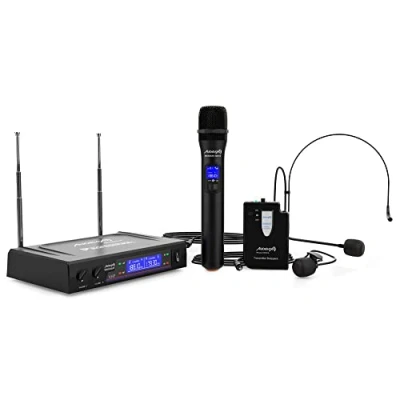 Immagine di Audibax Missouri 3000 Sistema Microfonico Wireless VHF Doppio Lavalier Microfoni ad Archetto con Indicatori RF/AF Connettori di Uscita XLR e Ausiliaria
