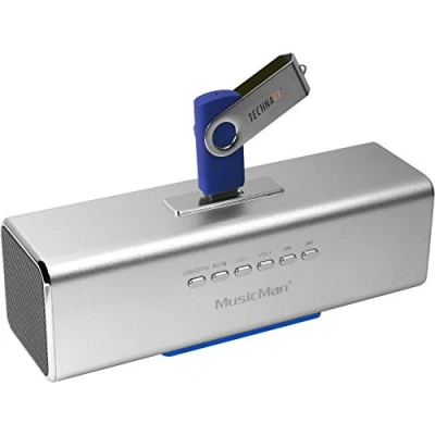 Immagine di Altoparlante portatile MusicMan MA Soundstation Suono stereo Radio FM integrata, lettore MP3, USB, AUX/Line In, MicroSD Tempo di riproduzione 6 ore Ideale per viaggiare (Argento)