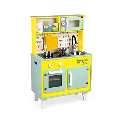 Immagine di Janod Grande Cucina Giocattolo in Legno Happy Day Con Frigo e Forno A Microonde, Suoni Luce Imitazione Sviluppo 7 Accessori Inclusi Partire dai 3 Anni, J06564, Blu Giallo