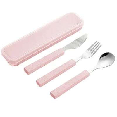 Immagine di VANRA Set di 3 utensili per bambini in acciaio inossidabile 18/10 posate argenteria Coltello Cucchiaio Forchetta con custodia da viaggio Lunch Box(Rosa)