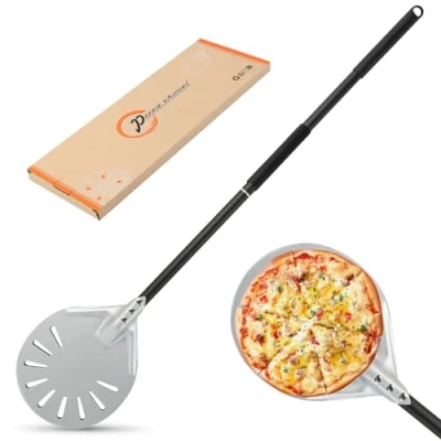 Immagine di Pala per Pizza Forata, Lunga con Manico Smontabile Pizza, Forno e Barbecue Pizzas, Pane, Barella in Alluminio Grande Superficie Pane Torta