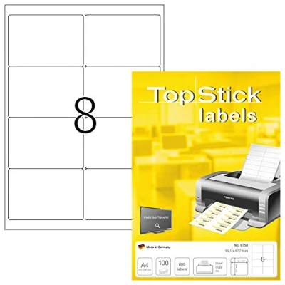 Immagine di TopStick etichette autoadesive per indirizzi, 8 foglio A4, 100 fogli, 99,1 x 67,7 mm, 800 etichette, postali vuote, stampanti laser e inkjet, bianco