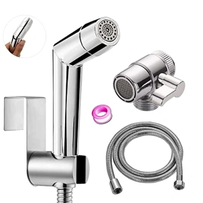 Immagine di doccetta bidet a mano, regolabile ABS Cromo kit spray per pannolini bambini, con erogatore rubinetto, tubo e gancio o supporto parete
