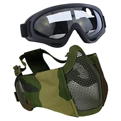 Immagine di Aoutacc Set di accessori protettivi per softair, maschera a metà viso in rete con protezione le orecchie, e occhialini CS / caccia paintball tiro, Mimetico