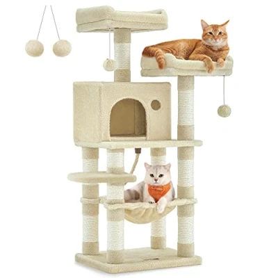Immagine di Feandrea Albero per Gatti Alto 112 cm, Tiragraffi Gatti, con 11 Pali Graffiatoi, 2 Posatoi, 1 Grotta, Amaca, Pompon, in Peluche a Più Livelli, Beige PCT215M01