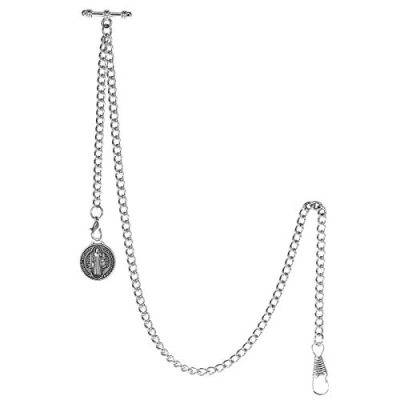 Immagine di TREEWETO Collana per orologio da tasca con terminale a T Bar Albert ciondolo antico Gesù e 2 ganci l&#039;asola del gilet, argento