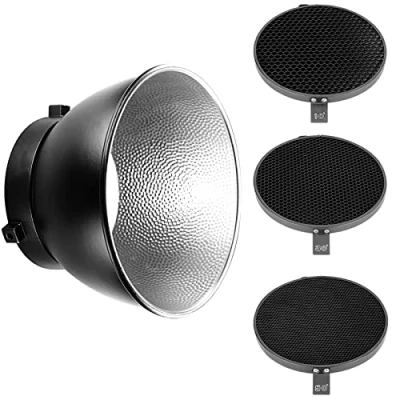 Immagine di Neewer Diffusore riflettore standard da 18 cm, con griglia a nido d&#039;ape 10/30/50 gradi, per flash luce stroboscopica studio attacco Bowens