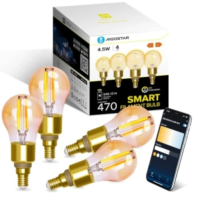 Immagine di Aigostar Lampadine Alexa, Led E14 Vintage, G45 Ambra Filamento a Globo, 4.5W, 470LM, Bianco Caldo Dimmerabile 2700K 6500K, Compatibile con Alexa e Google Home, 4 Unità