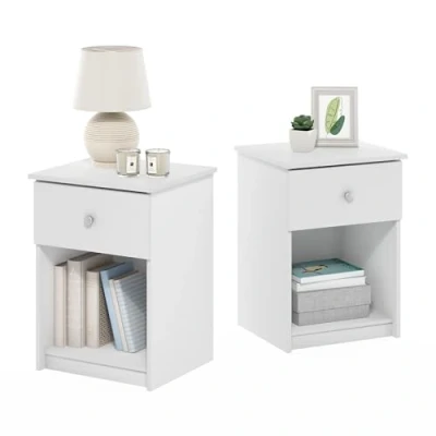 Immagine di Furinno Tidur Comodino con Un cassetto, Legno ingegnerizzato, Bianco, Set di 2, 2 unità