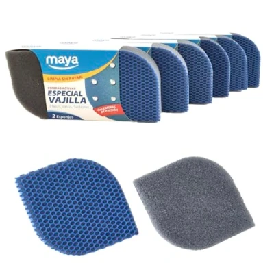 Immagine di MAYA Spugna EVO per stoviglie. Pulisce senza graffi. Non lascia residui di cibo. Lavabile in lavastoviglie e lavatrice. Dimensioni 12 x 8,5 2,5 cm, confezione da spugne (blu)